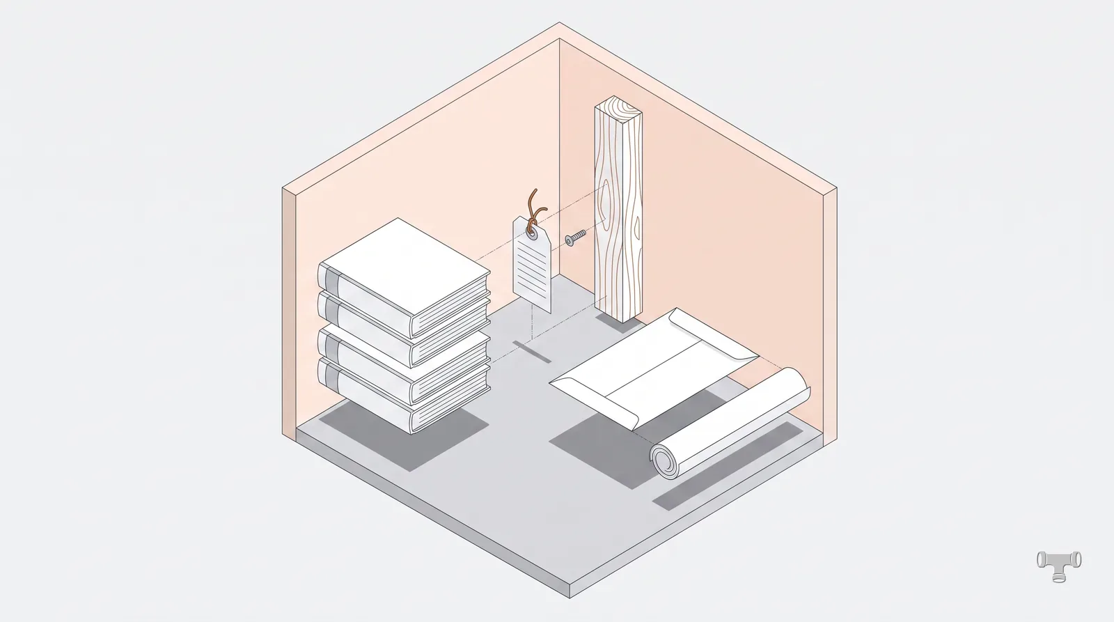 Isometric illustration of blank code volumes, an inspection tag and a plan roll