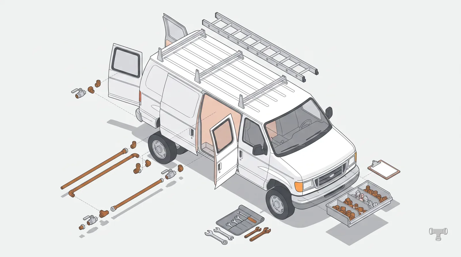 Isometric illustration of an open service van with a tool roll and a parts bin