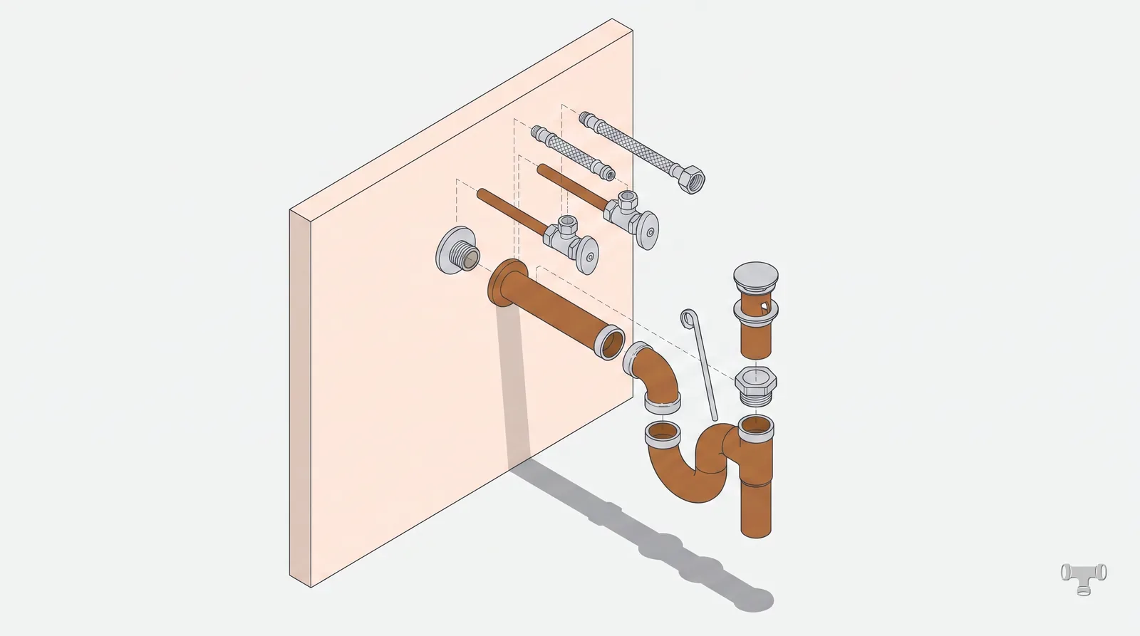 Isometric illustration of a lavatory rough-in with a P-trap and stop valves