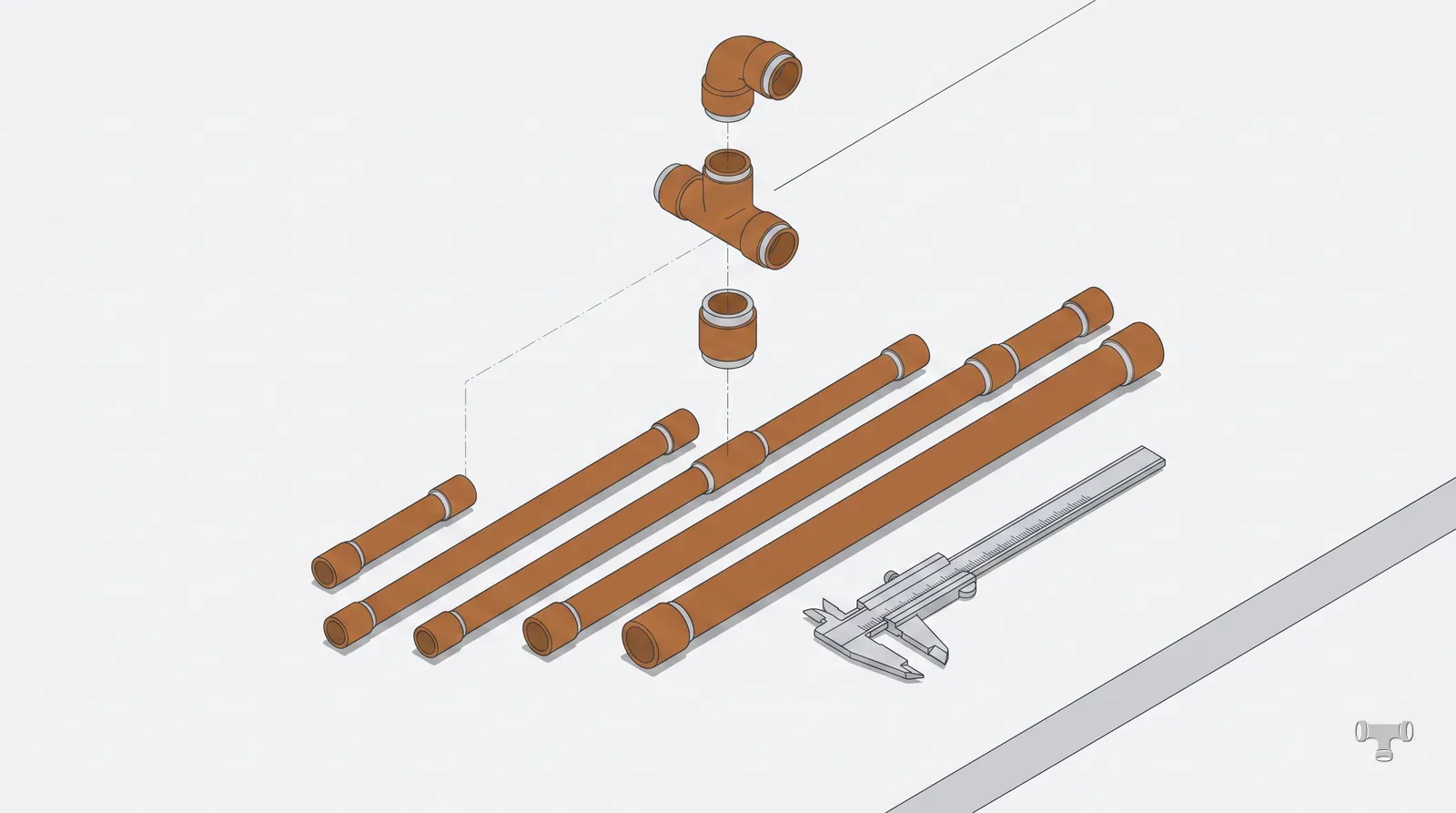Isometric illustration of copper pipe sections in ascending diameter with fittings