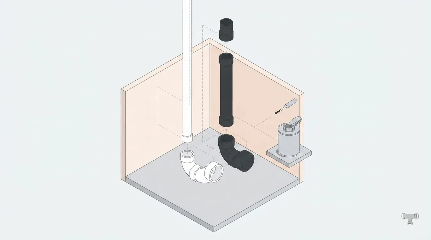 Isometric illustration comparing an ABS and a PVC drainage elbow