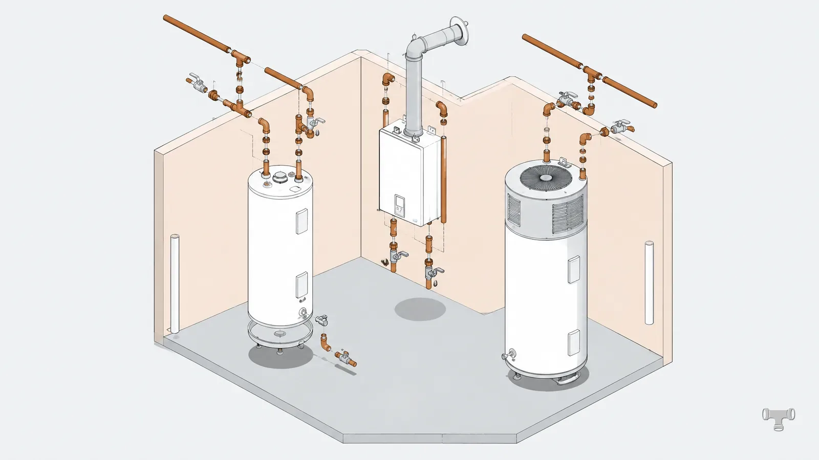 Isometric illustration of a tank, a tankless and a heat pump water heater side by side with copper connections