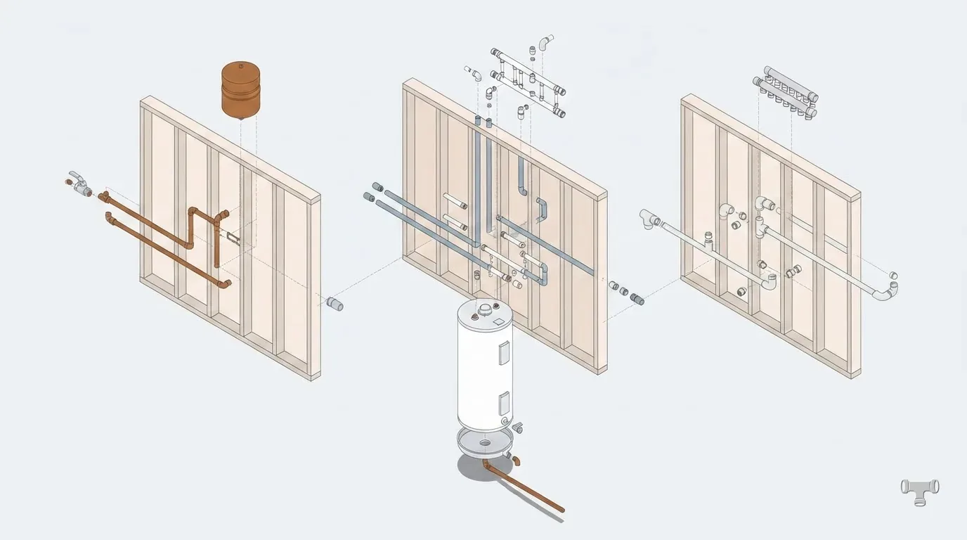 Isometric illustration of three wall sections run in copper, CPVC and PEX