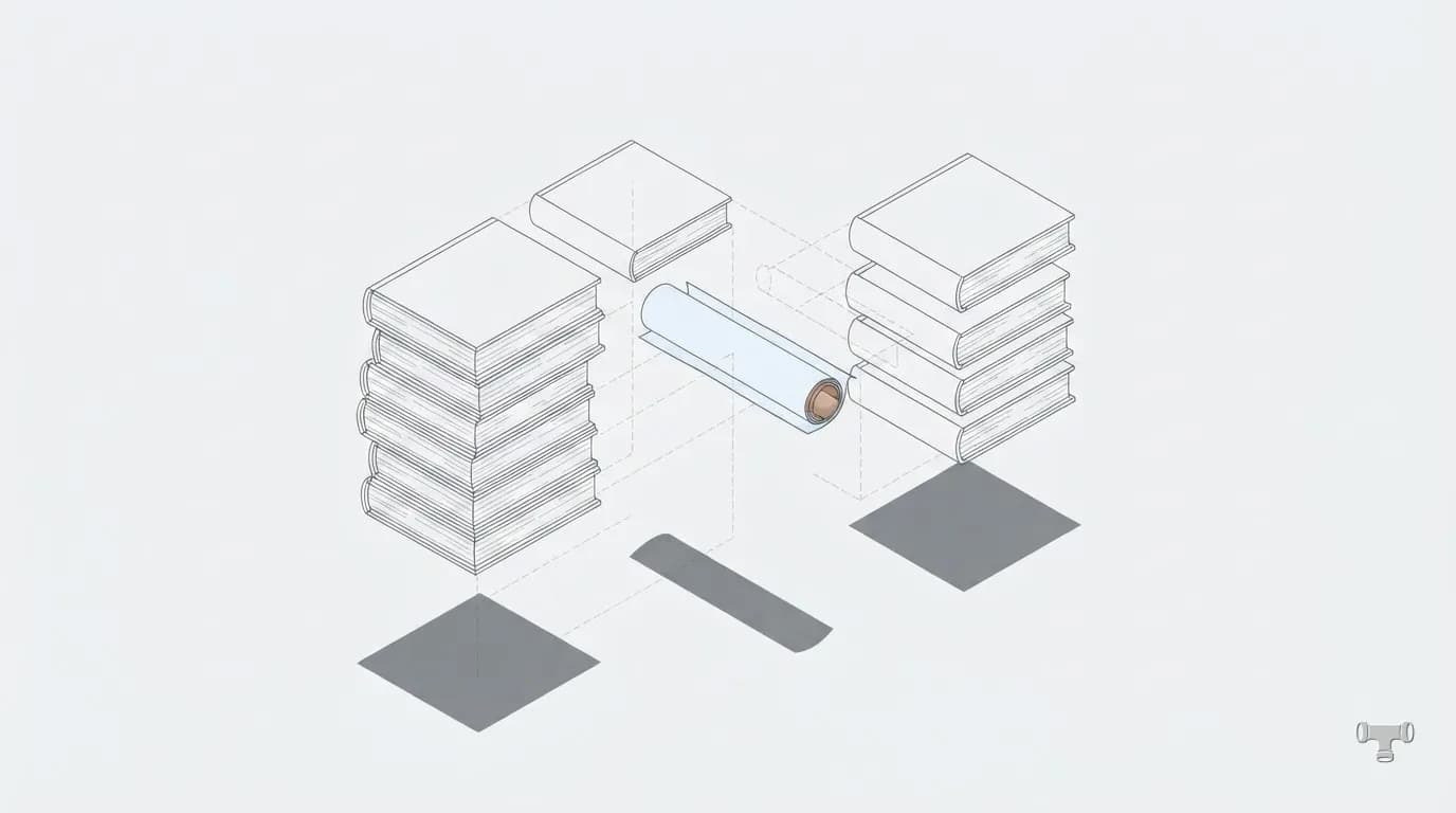 Isometric illustration of two stacks of blank code volumes with a plan roll