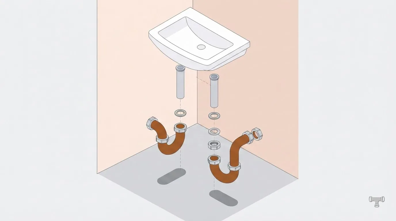 Isometric illustration comparing a P-trap and an S-trap under a lavatory