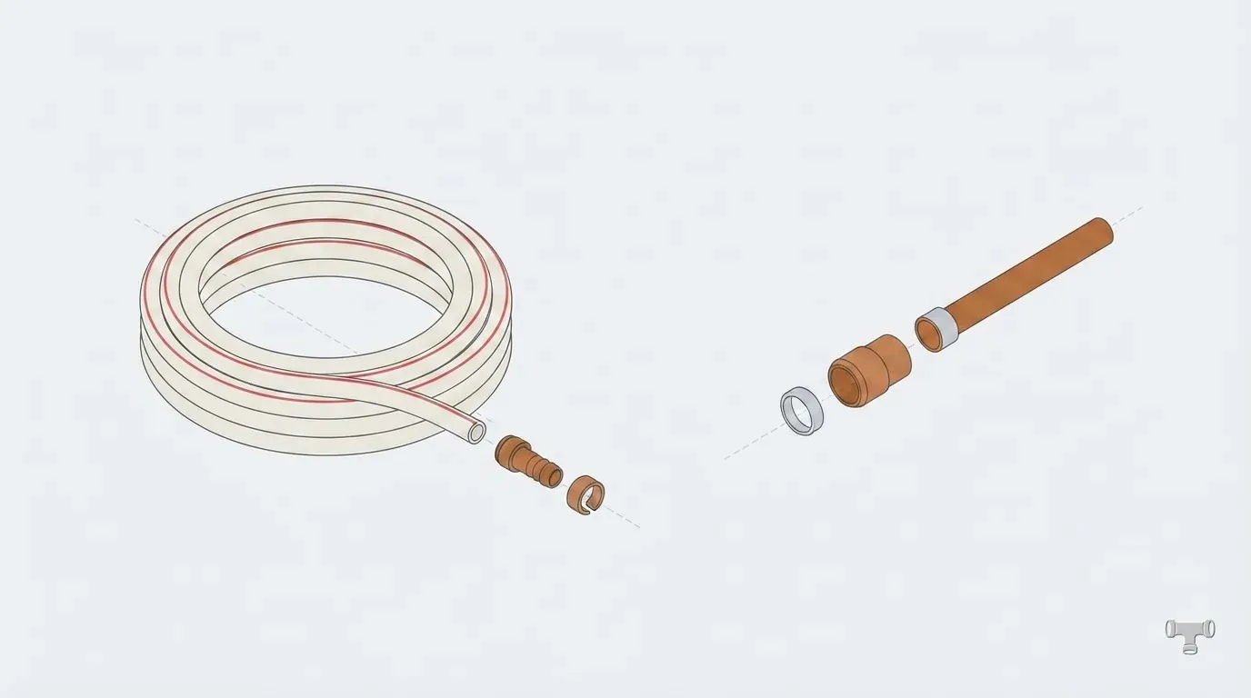 Isometric illustration comparing off-white PEX tubing with a barbed insert and crimp ring against a straight copper stub with a coupling and solder ring