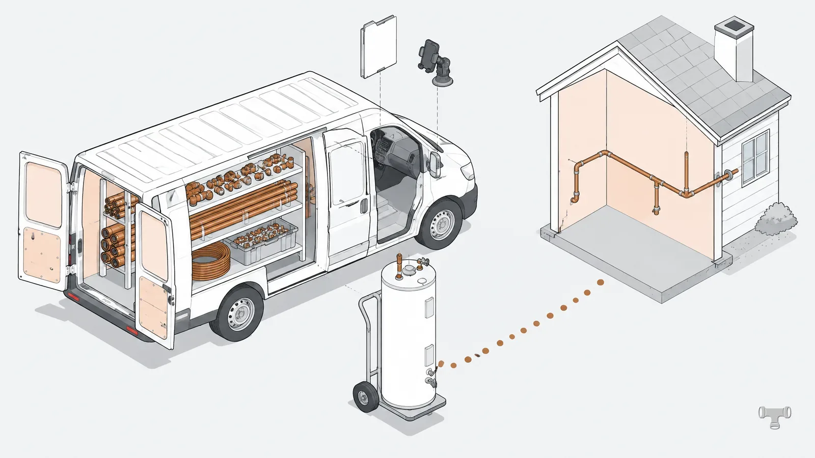 Isometric illustration of an open plumbing service van with its parts shelving, a water heater on a hand truck and a route to a house
