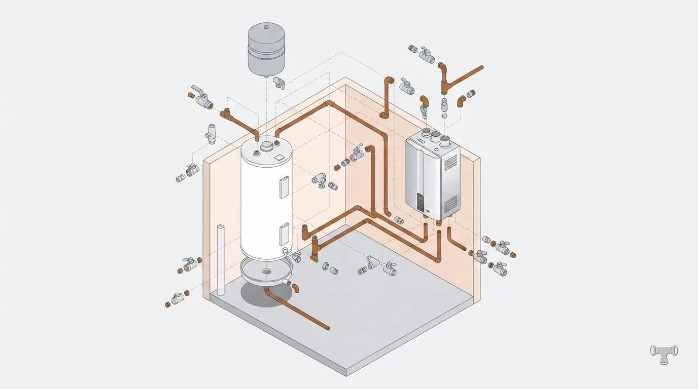 Isometric illustration comparing a tank and a tankless water heater