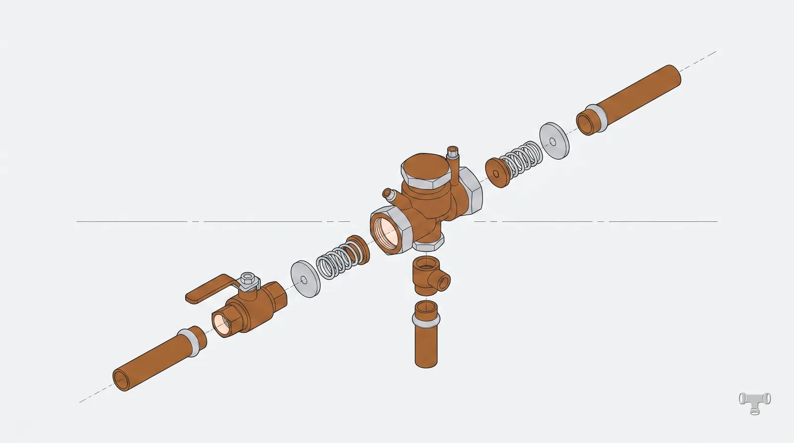 Isometric exploded illustration of an inline reduced pressure zone backflow assembly with two check modules and a relief port
