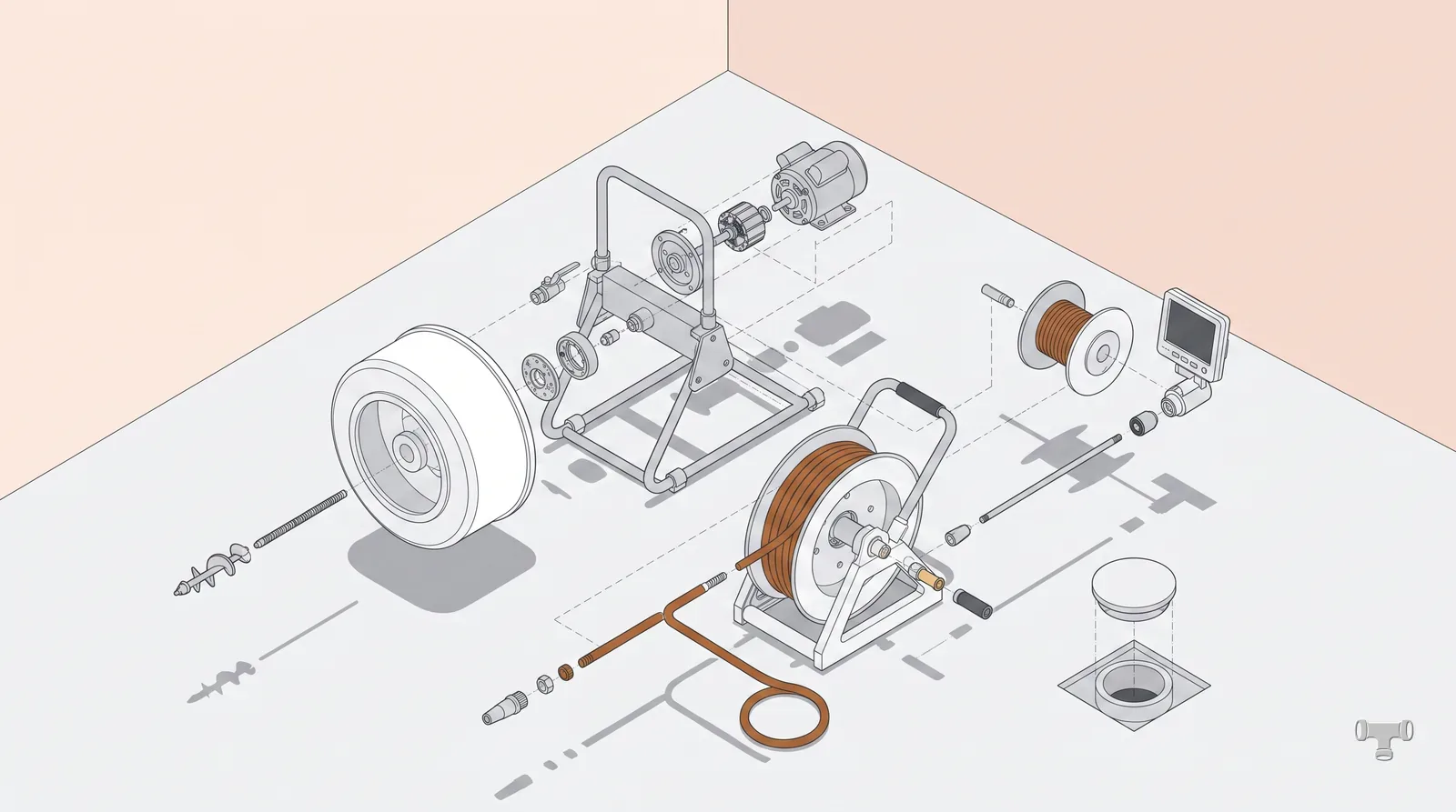 Isometric illustration of a cable machine, jetter reel and camera spool at a cleanout