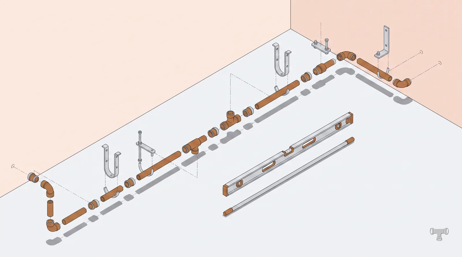 Isometric illustration of a graded drain run with a level alongside