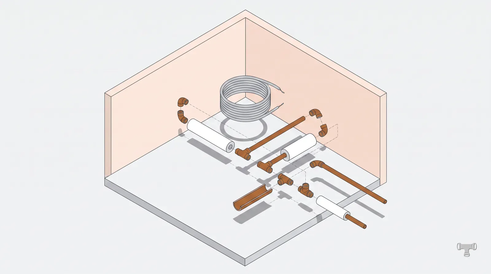 Isometric cutaway of a crawlspace supply run with insulation and a split pipe