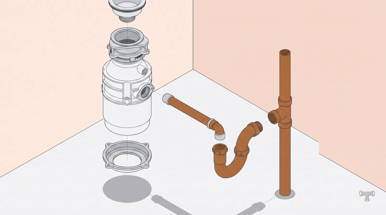 Isometric cutaway of an under-sink disposal with exploded mounting parts