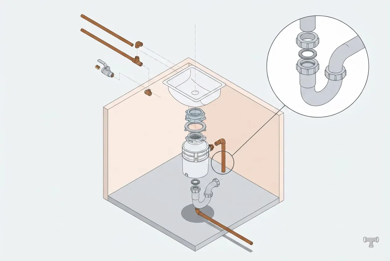 Isometric detail illustration for the garbage disposal installation cost guide
