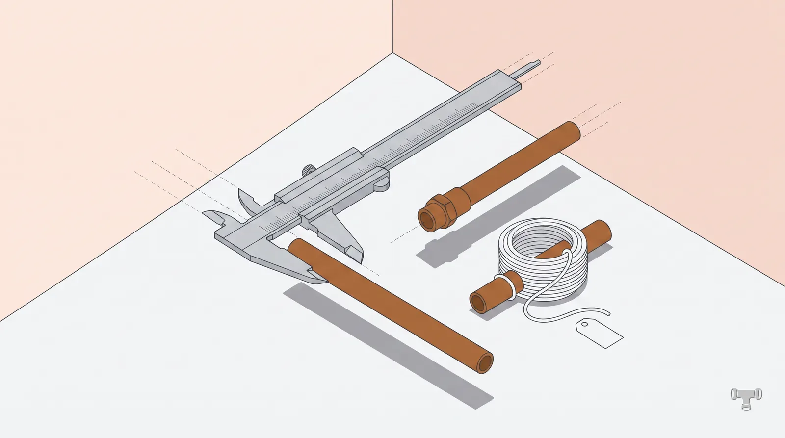Isometric illustration of a caliper measuring a copper pipe end