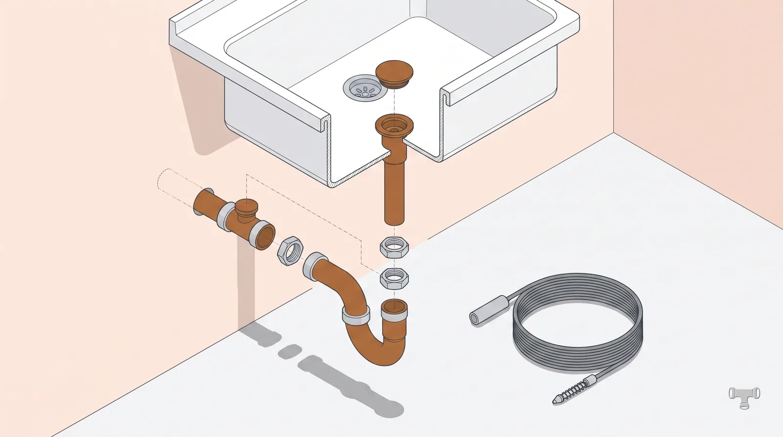 Isometric cutaway of a sink drain with the P-trap removed and an auger beside