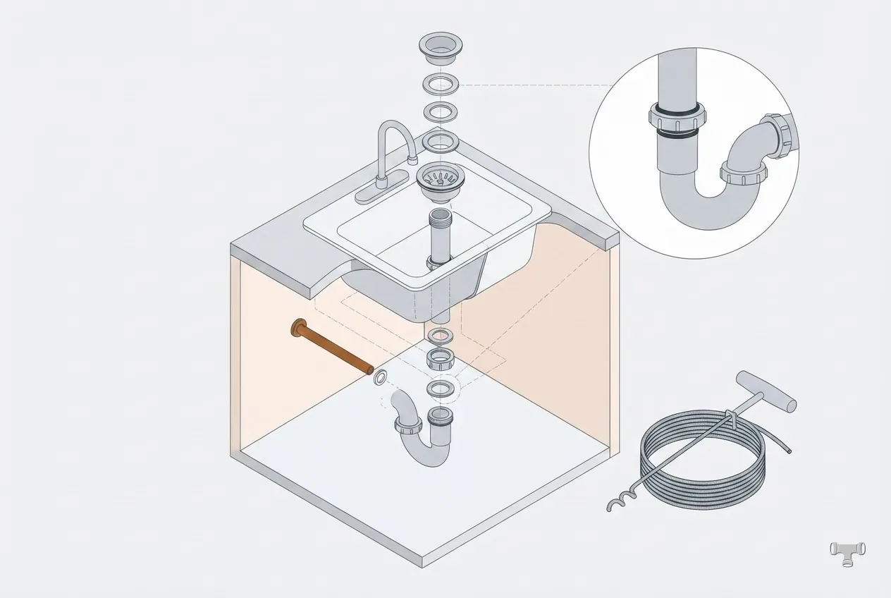 Isometric detail illustration for the how to unclog a drain guide