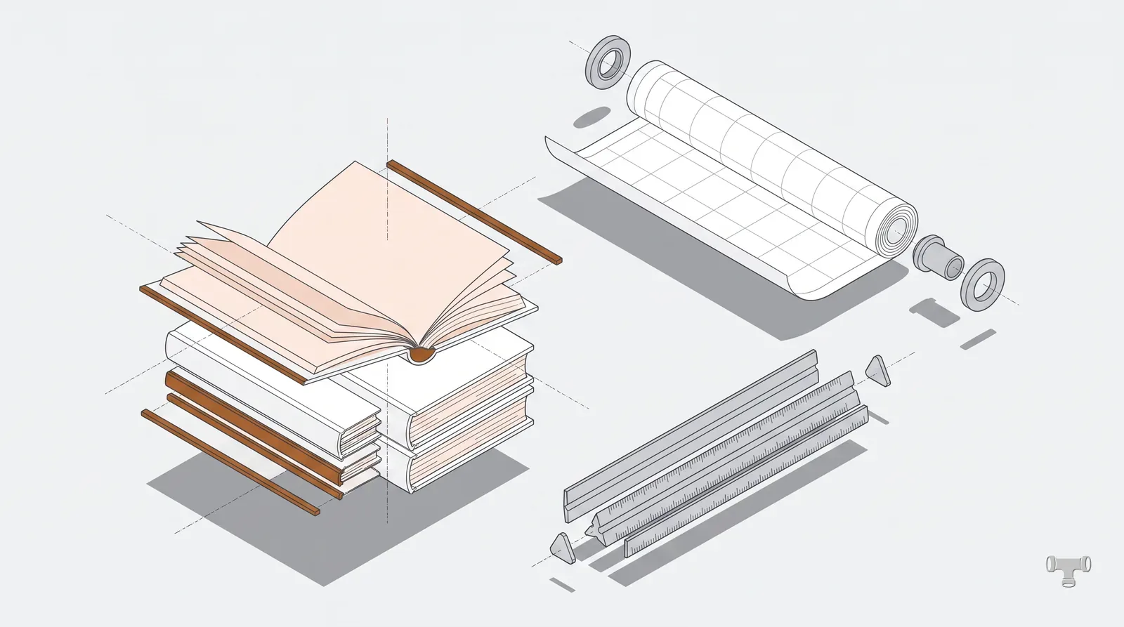 Isometric illustration of blank code volumes with a plan roll and scale rule