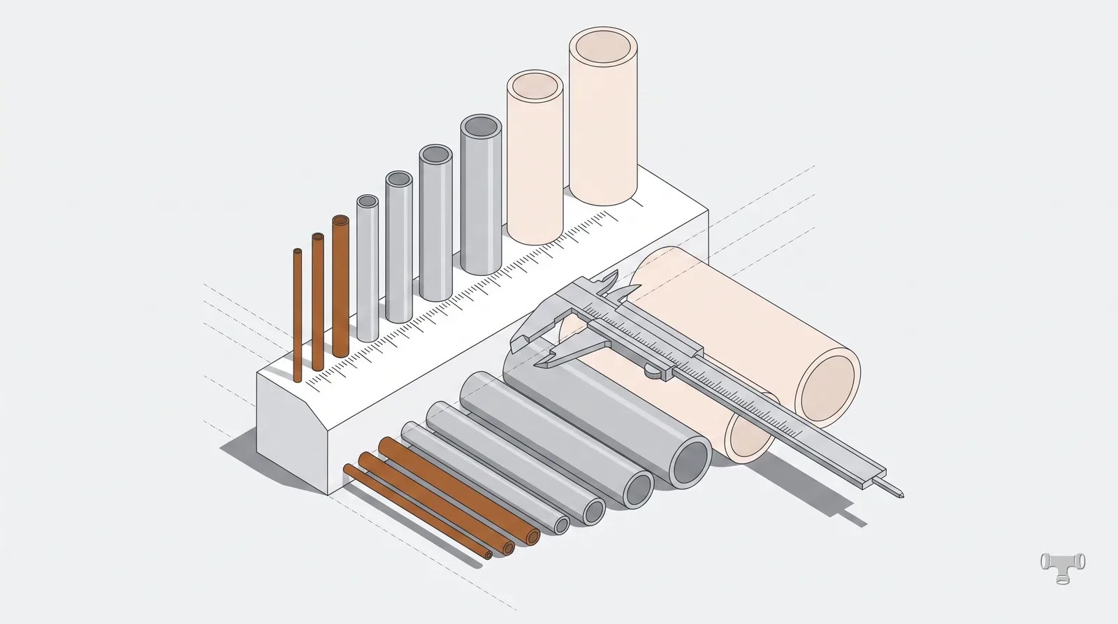 Isometric illustration of pipe sections stepping up in diameter against a stepped gauge block