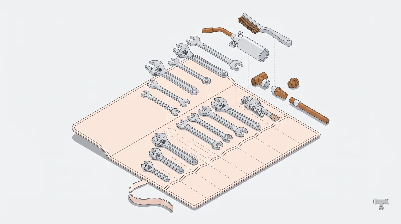 Isometric illustration of an unrolled tool roll with wrenches and a torch