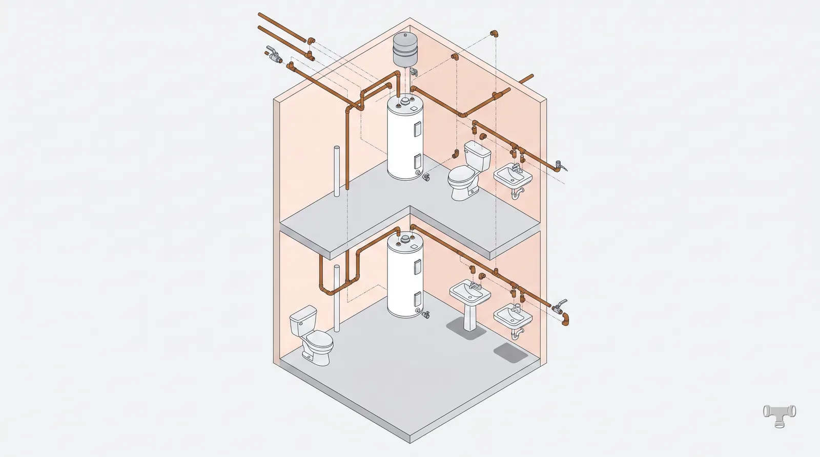 Isometric cutaway of a two-storey riser with fixture branches