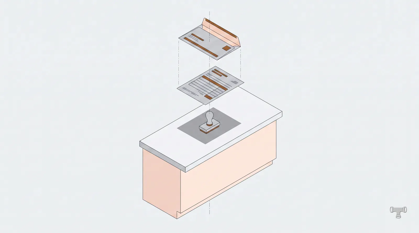 Isometric illustration of a permit envelope, blank fee sheet and stamp