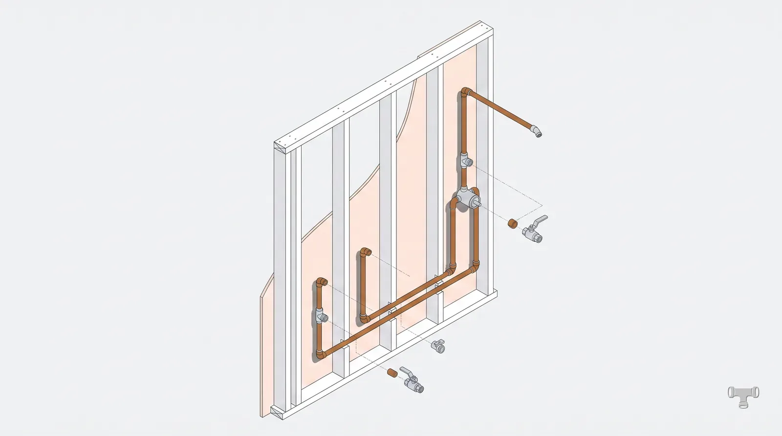 Isometric cutaway of a bathroom rough-in with stub-outs at set heights
