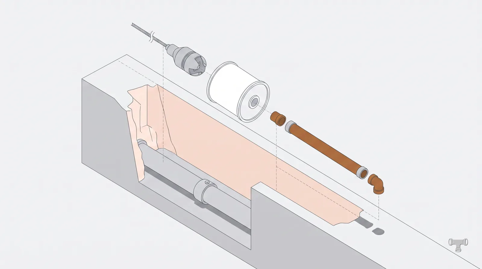 Isometric cutaway of a sewer lateral trench with a bursting head and liner drum