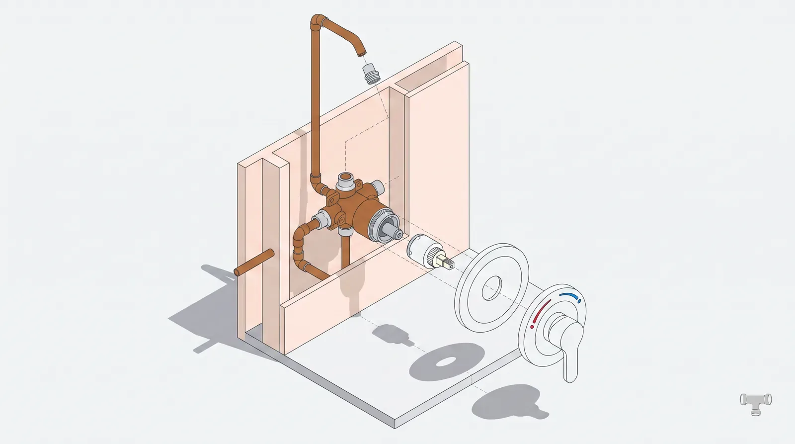 Isometric illustration of a shower valve with cartridge and trim exploded out