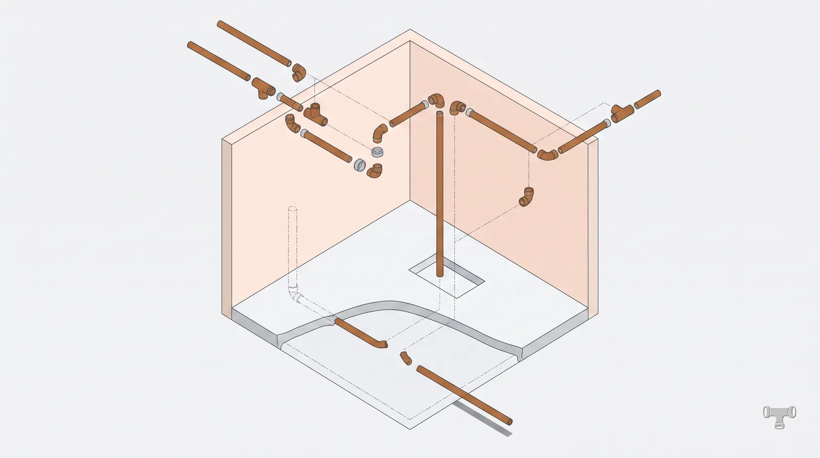 Isometric cutaway of a slab with an under-slab supply line and an overhead reroute