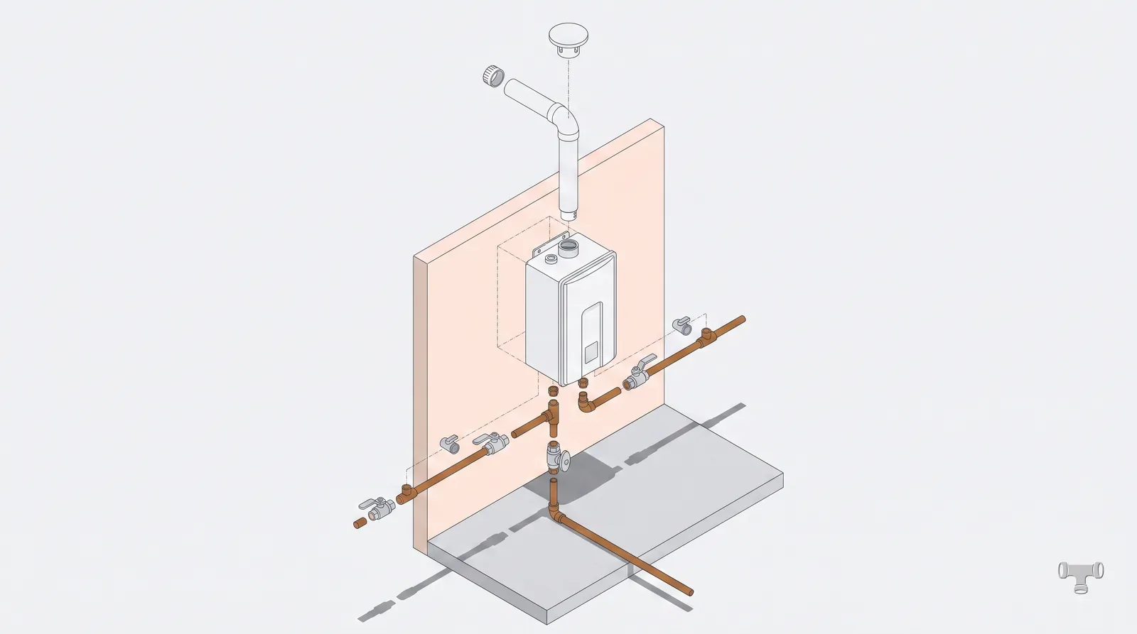 Isometric illustration of a tankless heater with exploded vent and gas connections
