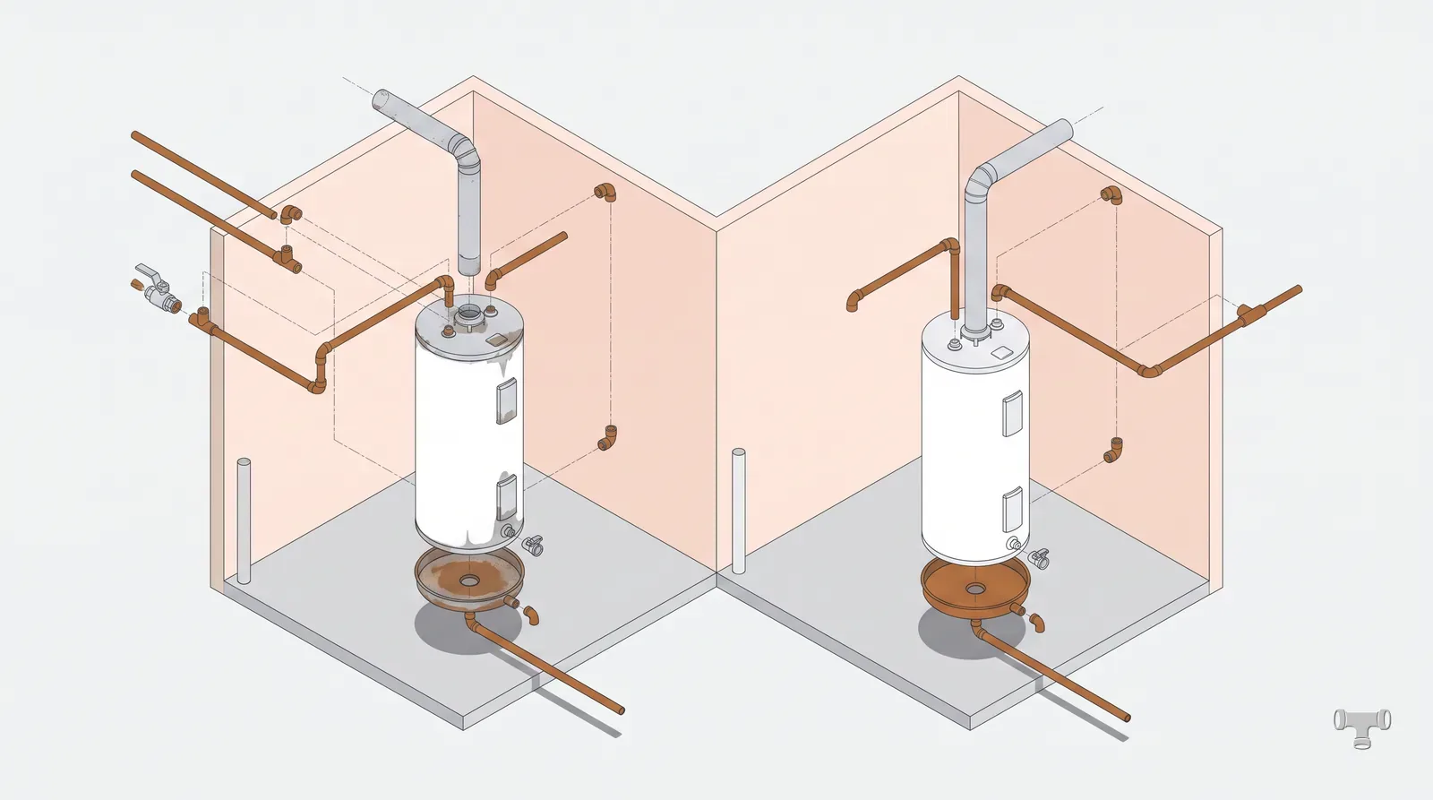 Isometric illustration of an old and a new tank water heater with exploded parts