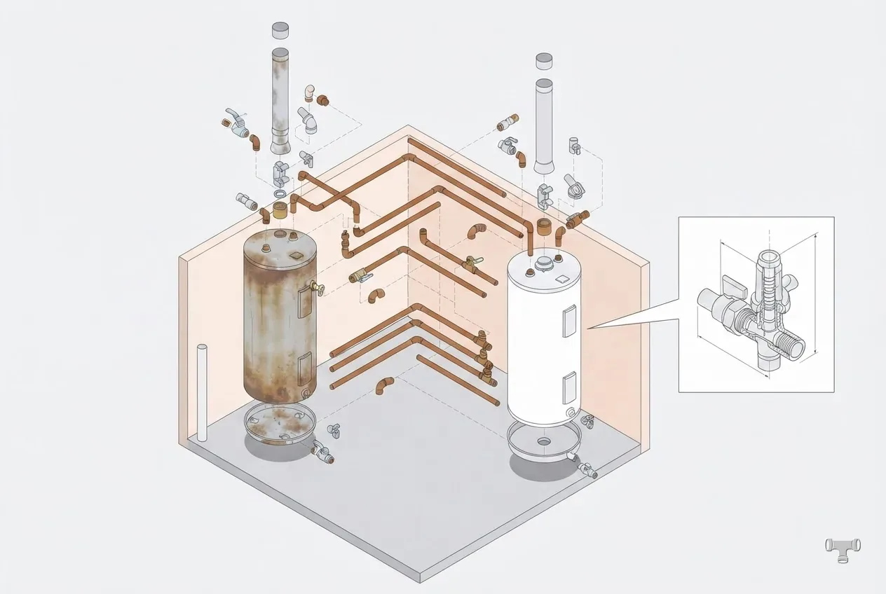 Isometric detail illustration for the water heater replacement cost guide