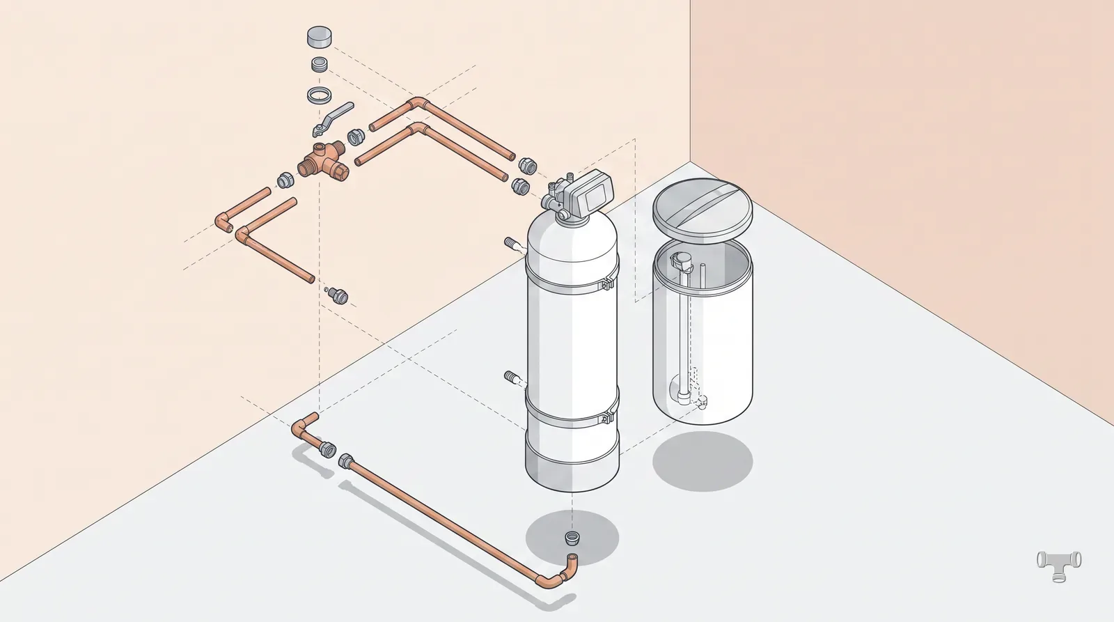 Isometric illustration of a water softener, brine tank and bypass valve