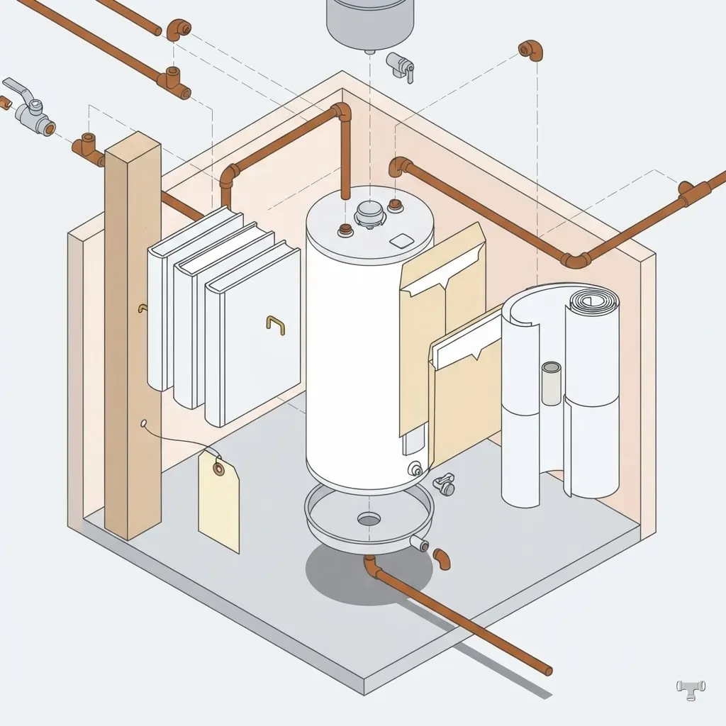 Isometric illustration of blank code volumes, an inspection tag and a plan roll