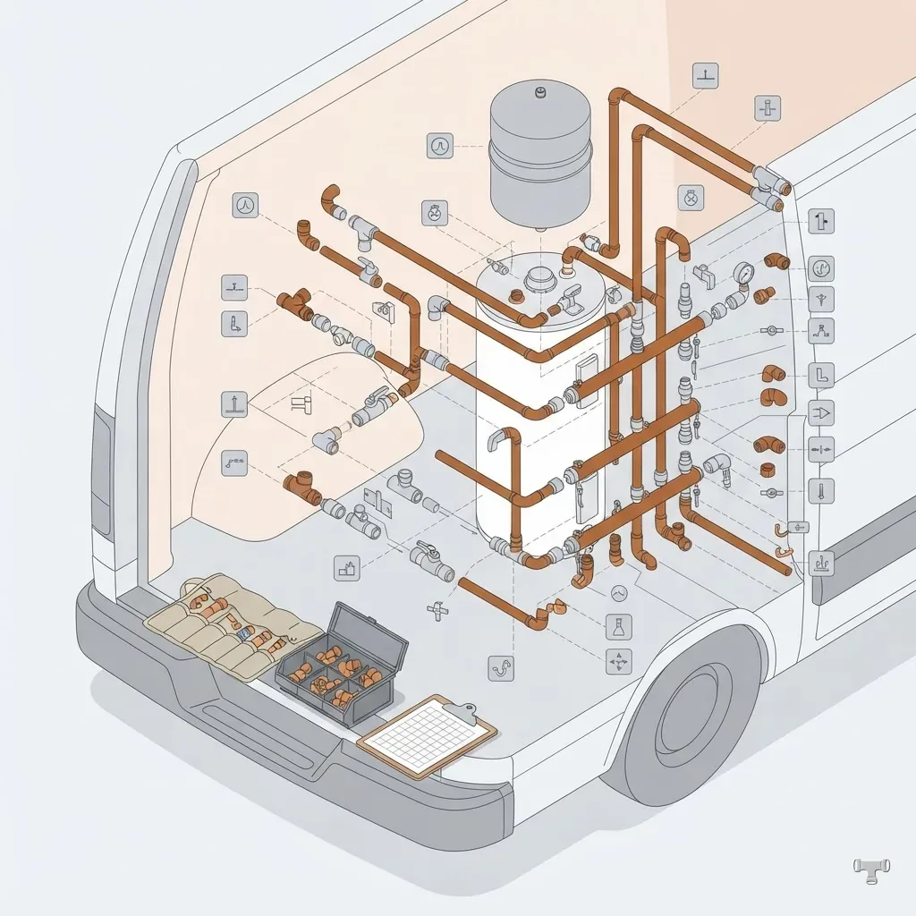 Isometric illustration of an open service van with a tool roll and a parts bin