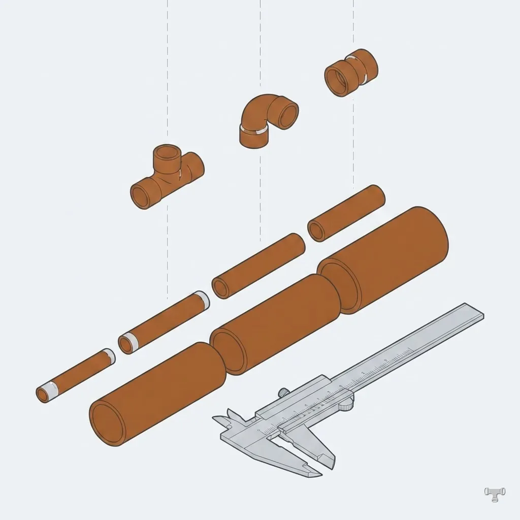 Isometric illustration of copper pipe sections in ascending diameter with fittings